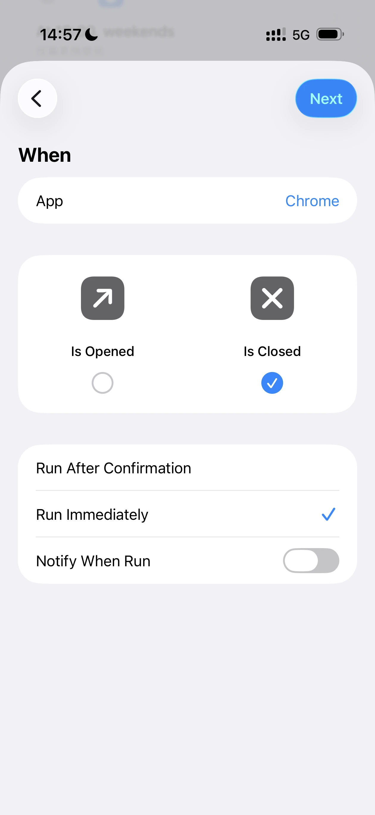 Setting an app opened or closed automation in Apple Shortcuts