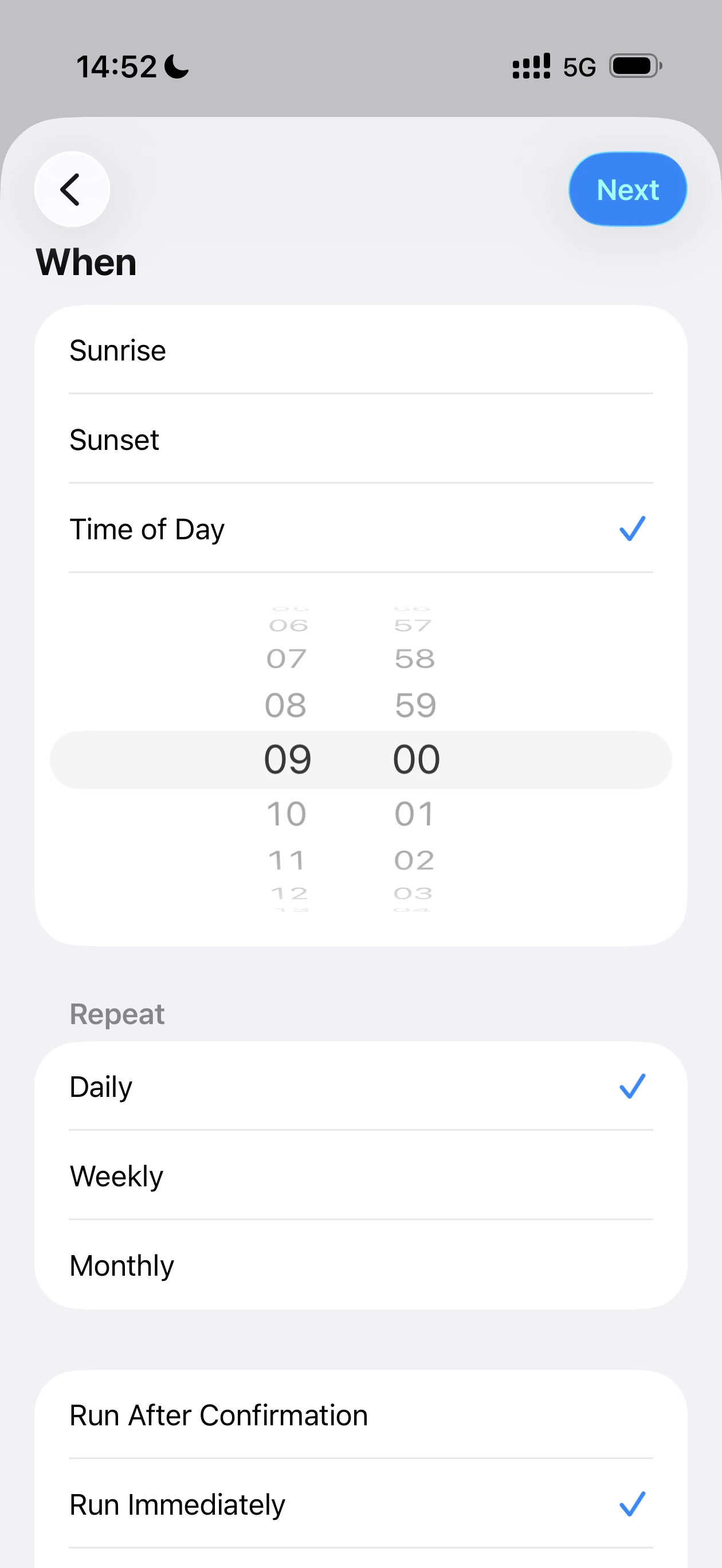 Repeat schedule and Run Immediately settings for a Time of Day automation