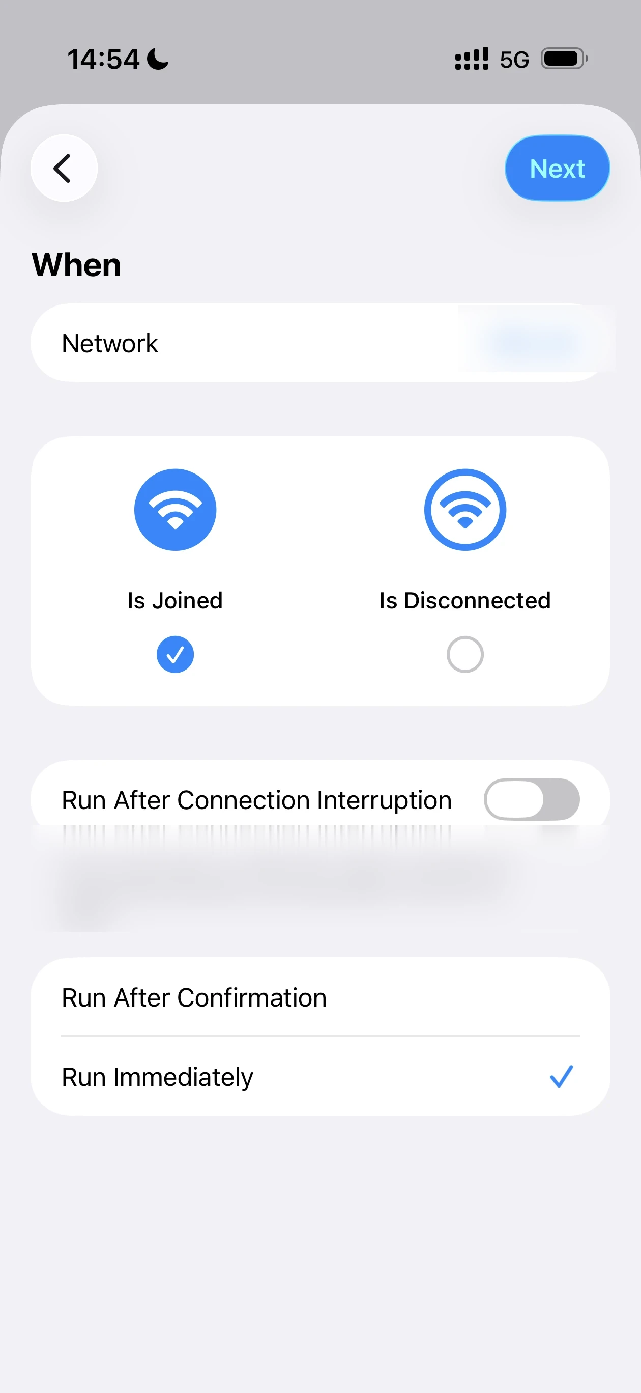 Choosing a Wi-Fi network and Run Immediately in Apple Shortcuts