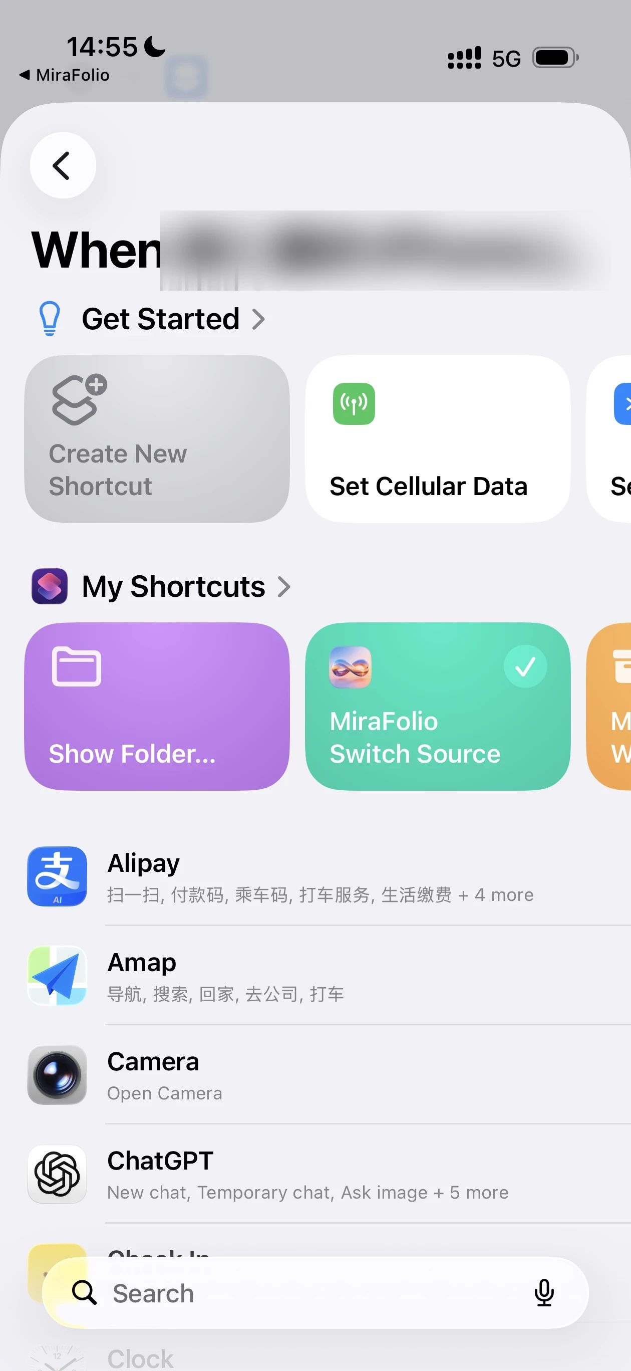 Choosing the MiraFolio Switch Source shortcut in a Wi-Fi automation