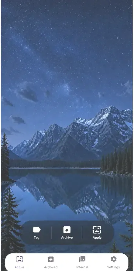 MiraFolio Active screen on Android with a night-sky wallpaper and quick controls