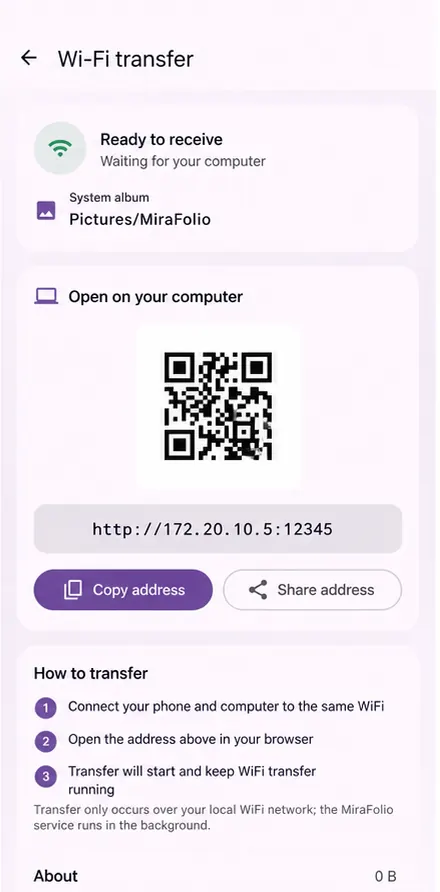 MiraFolio Wi-Fi transfer screen on Android