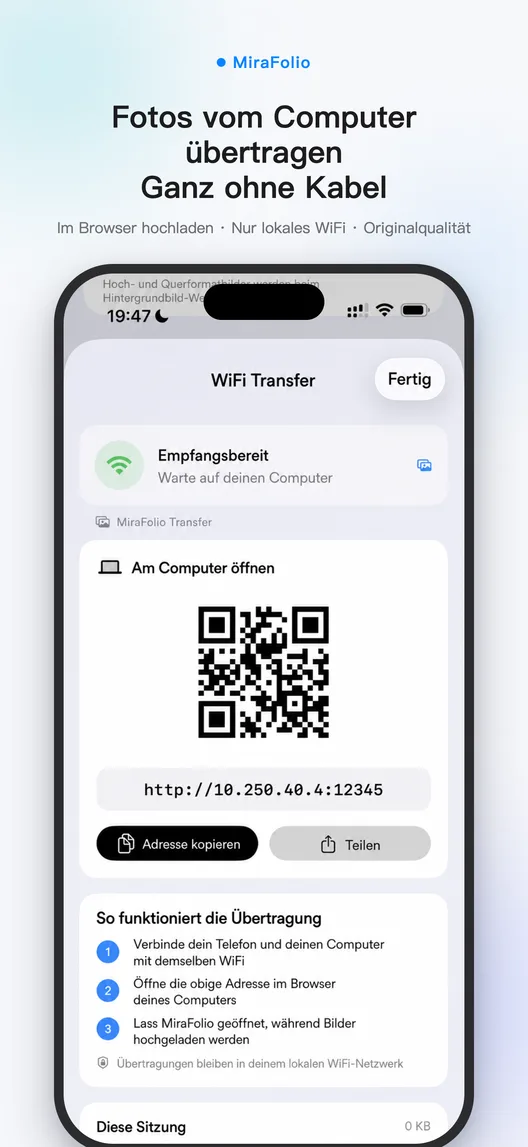 Lokale MiraFolio-WiFi-Übertragung mit Computeradresse und Importstatus