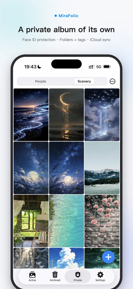 MiraFolio Private Album screen showing Face ID-protected photo folders