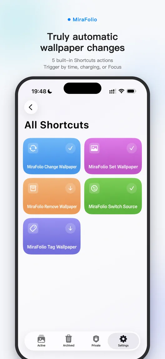 Apple Shortcuts automation screen configured to change wallpapers with MiraFolio