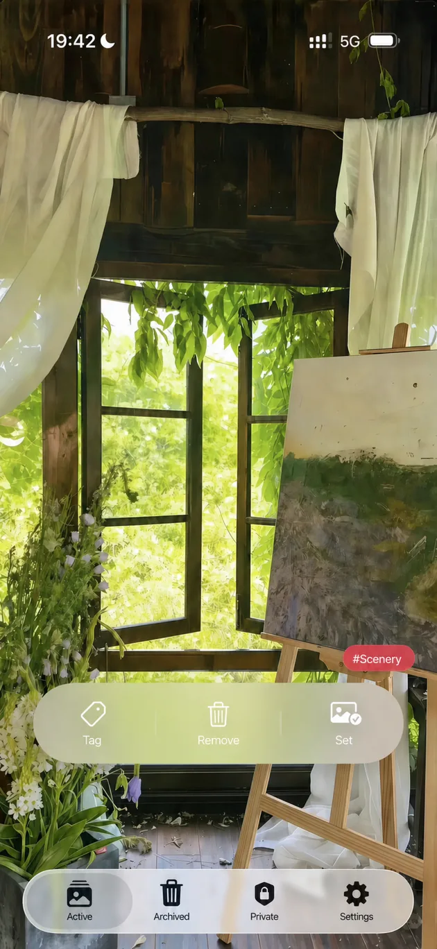 MiraFolio wallpaper browser on iPhone with a full-screen photo and floating controls
