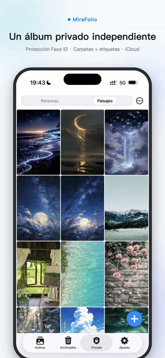 Álbum privado de MiraFolio con carpetas de fotos protegidas mediante Face ID