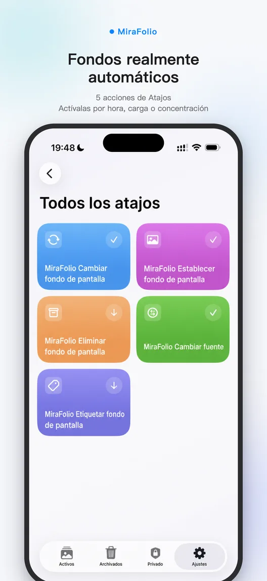 Automatización de Atajos de Apple configurada para cambiar fondos con MiraFolio