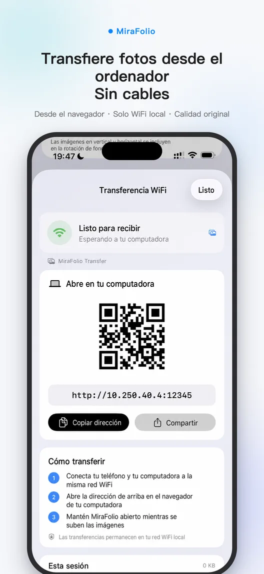 Transferencia WiFi local de MiraFolio con dirección de conexión del ordenador y estado de importación