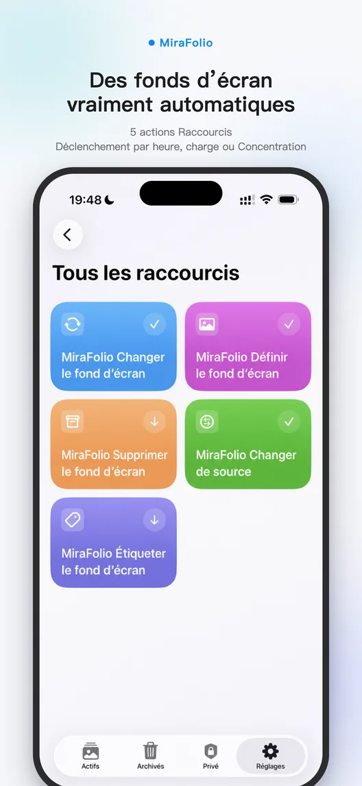 Automatisation Raccourcis Apple configurée pour changer le fond d’écran avec MiraFolio