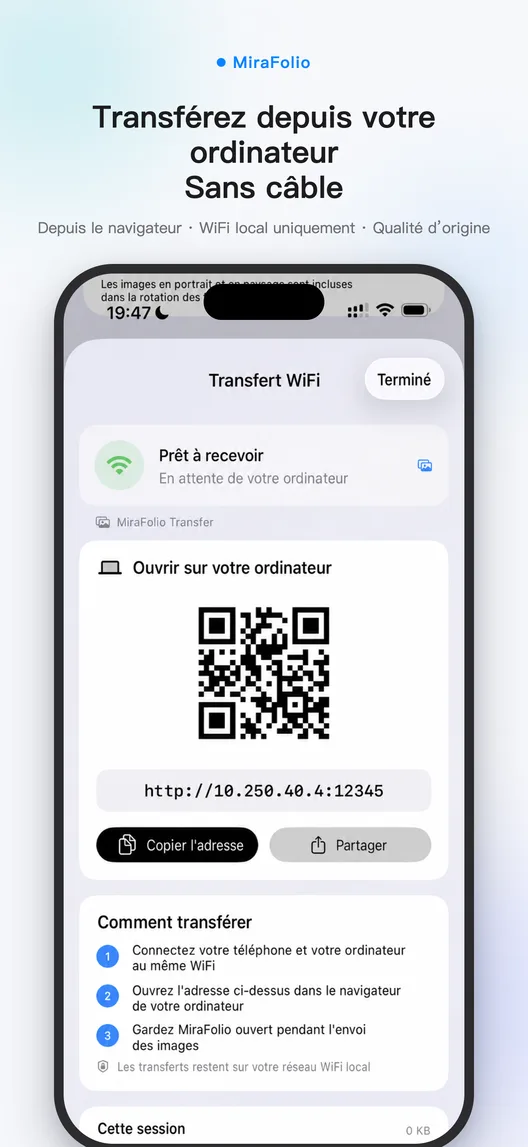 Transfert WiFi local MiraFolio avec adresse de connexion de l’ordinateur et état d’importation