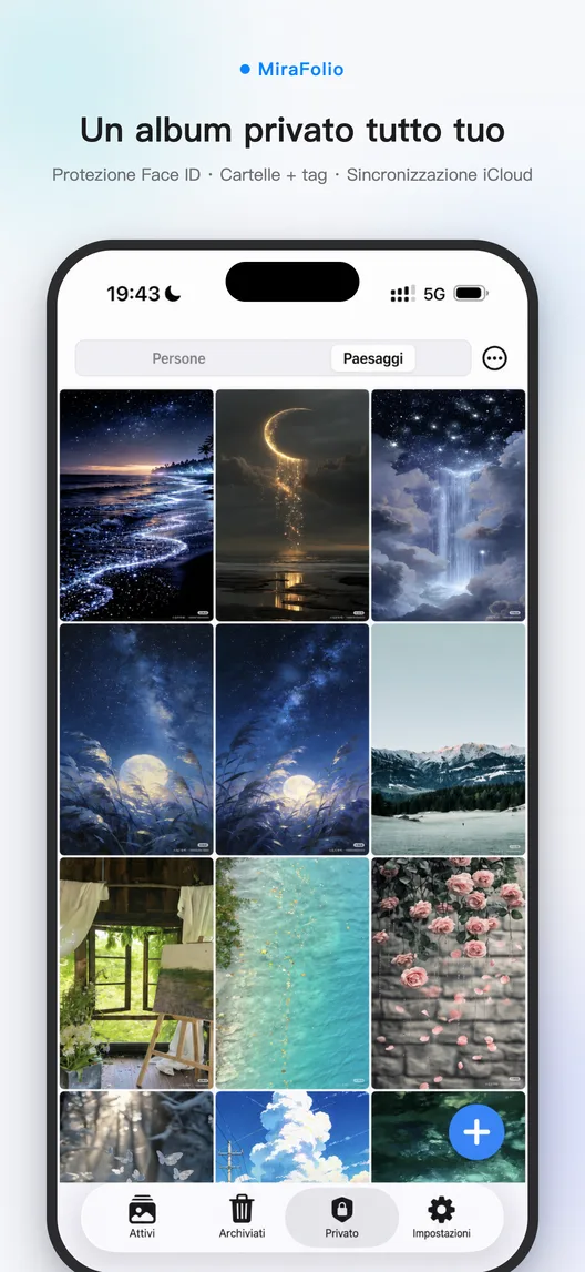 Album privato MiraFolio con cartelle di foto protette da Face ID