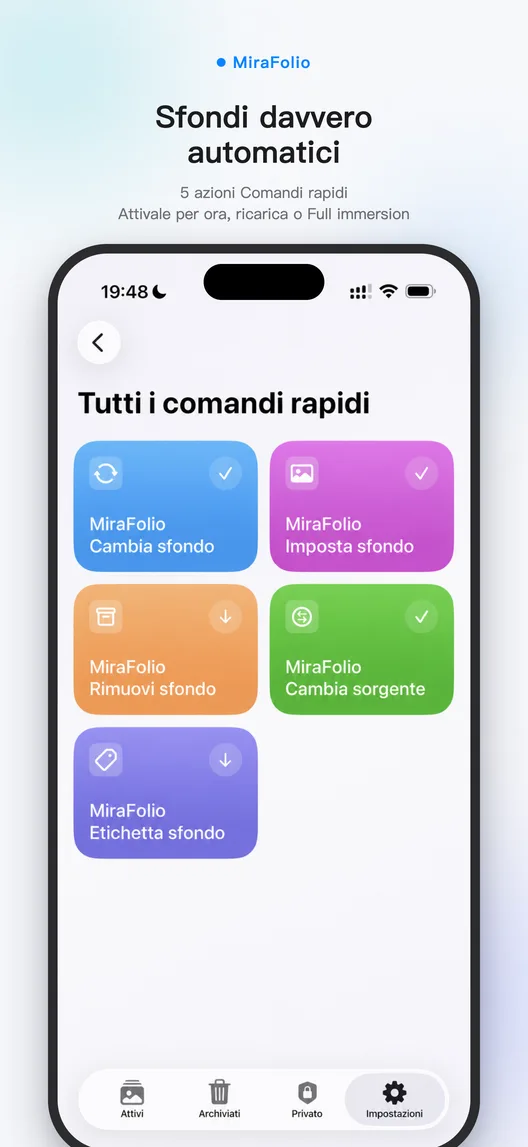 Automazione Comandi Rapidi Apple configurata per cambiare sfondo con MiraFolio