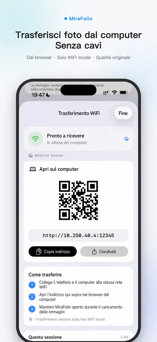 Trasferimento WiFi locale MiraFolio con indirizzo del computer e stato di importazione